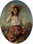 Camille Roqueplan Girl with flowers oil painting